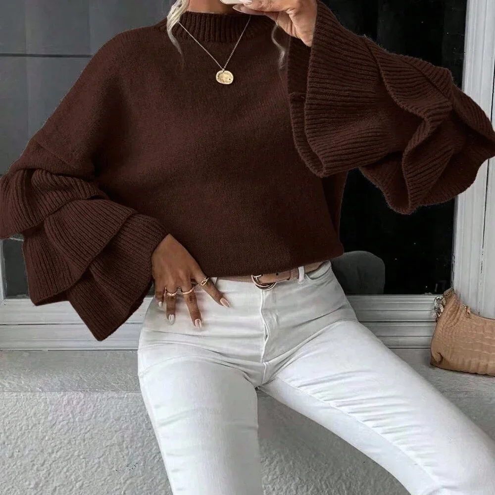 Coffee Brown Casual Women's Loose Sweater with Ruffle Hem and Drop Shoulder